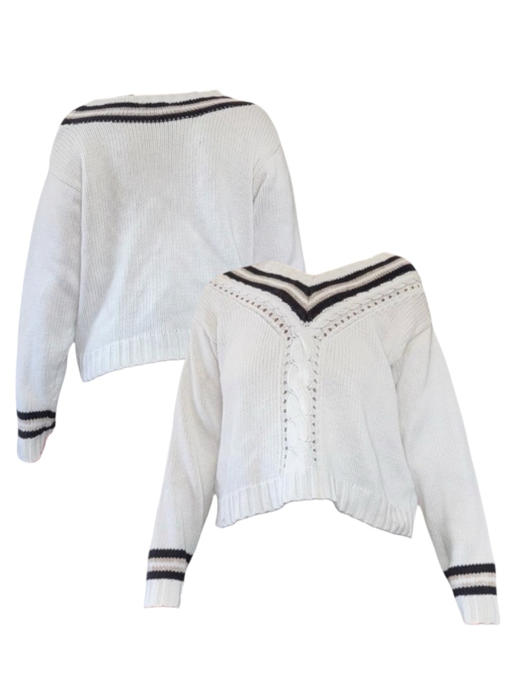 Cream V-Neck Cable Knit Sweater with Contrast Stripes